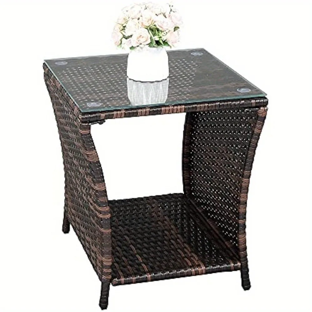 

Outdoor Wicker Side Table Patio Side Tables for Outside, Tempered Glass Top Wicker Table with Storage End Table for Balcony Porch Deck (Brown)