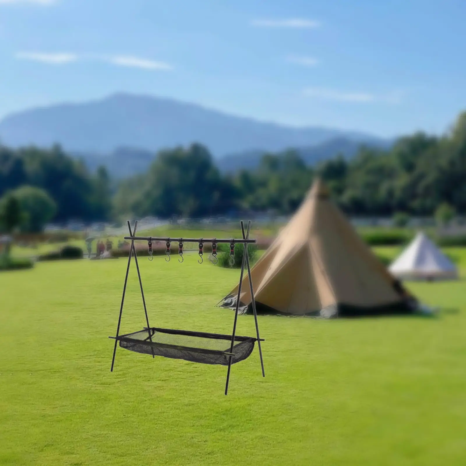 Rack dobrável para acampamento com ganchos e bolso de rede ao ar livre para piquenique, caminhadas, churrasco