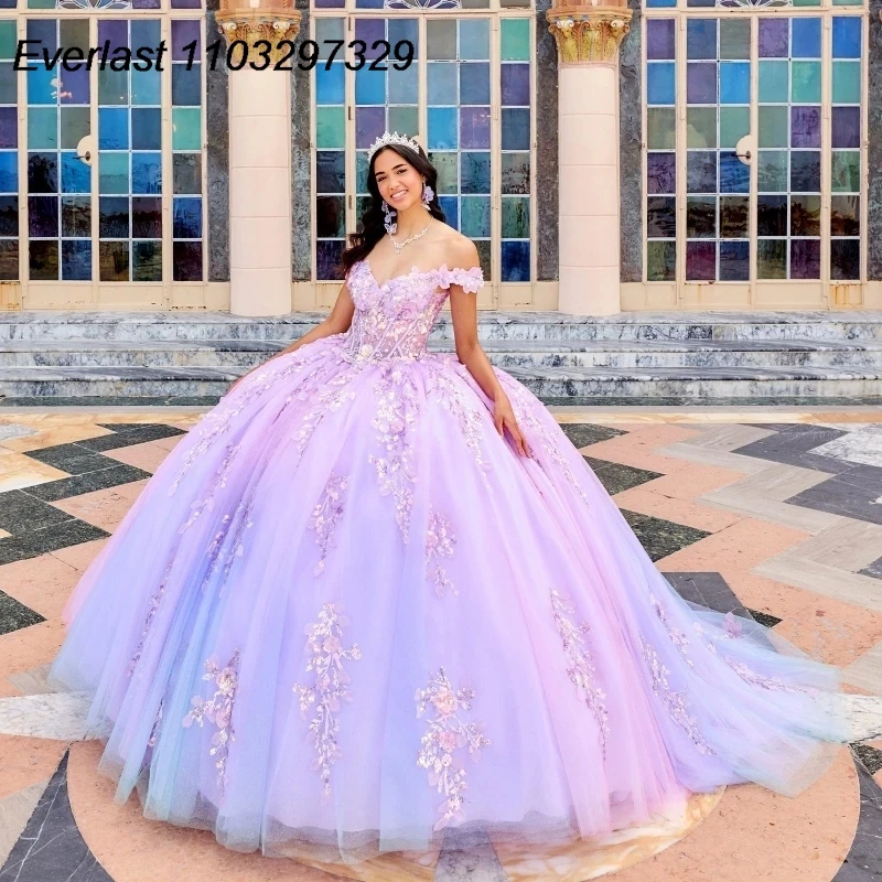 EVLAST Personalizzato Lilla Abito Quinceanera Abito di Sfera Con Spalle Scoperte Applique In Pizzo Che Borda Dolce 16 Abiti Da 15 Anos TQD748