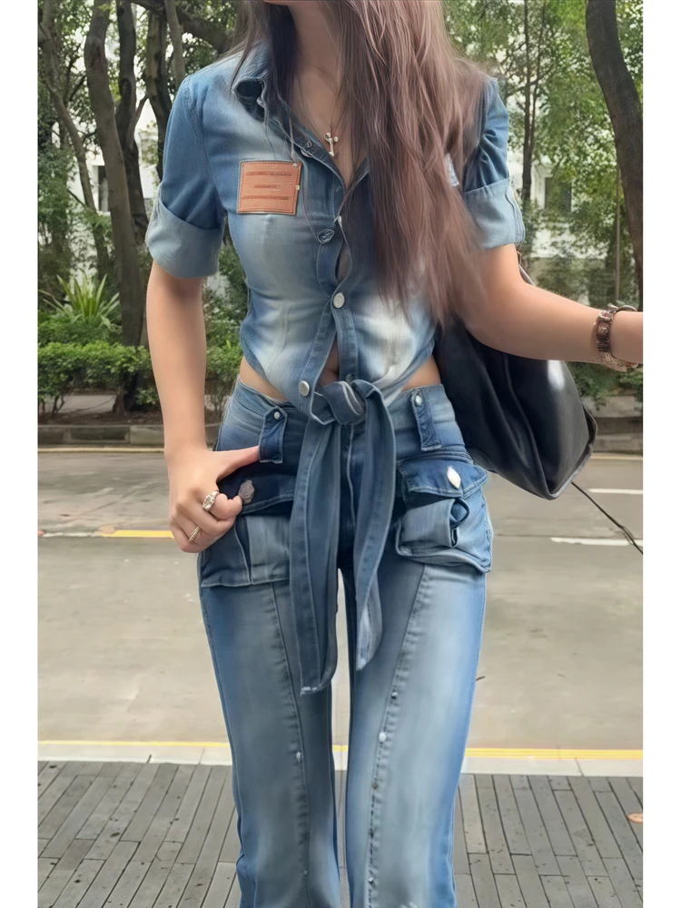 

Женская джинсовая рубашка в американском стиле с коротким рукавом, регулируемой талией и манжетами, дышащая, с V-образным вырезом, на пуговицах, повседневная, летняя