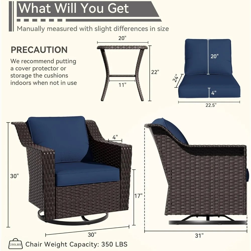 Cadeiras de balanço giratórias de 3 peças ao ar livre com mesa lateral combinando, conjunto de móveis de pátio com almofadas de assento premium de 4" para jardim