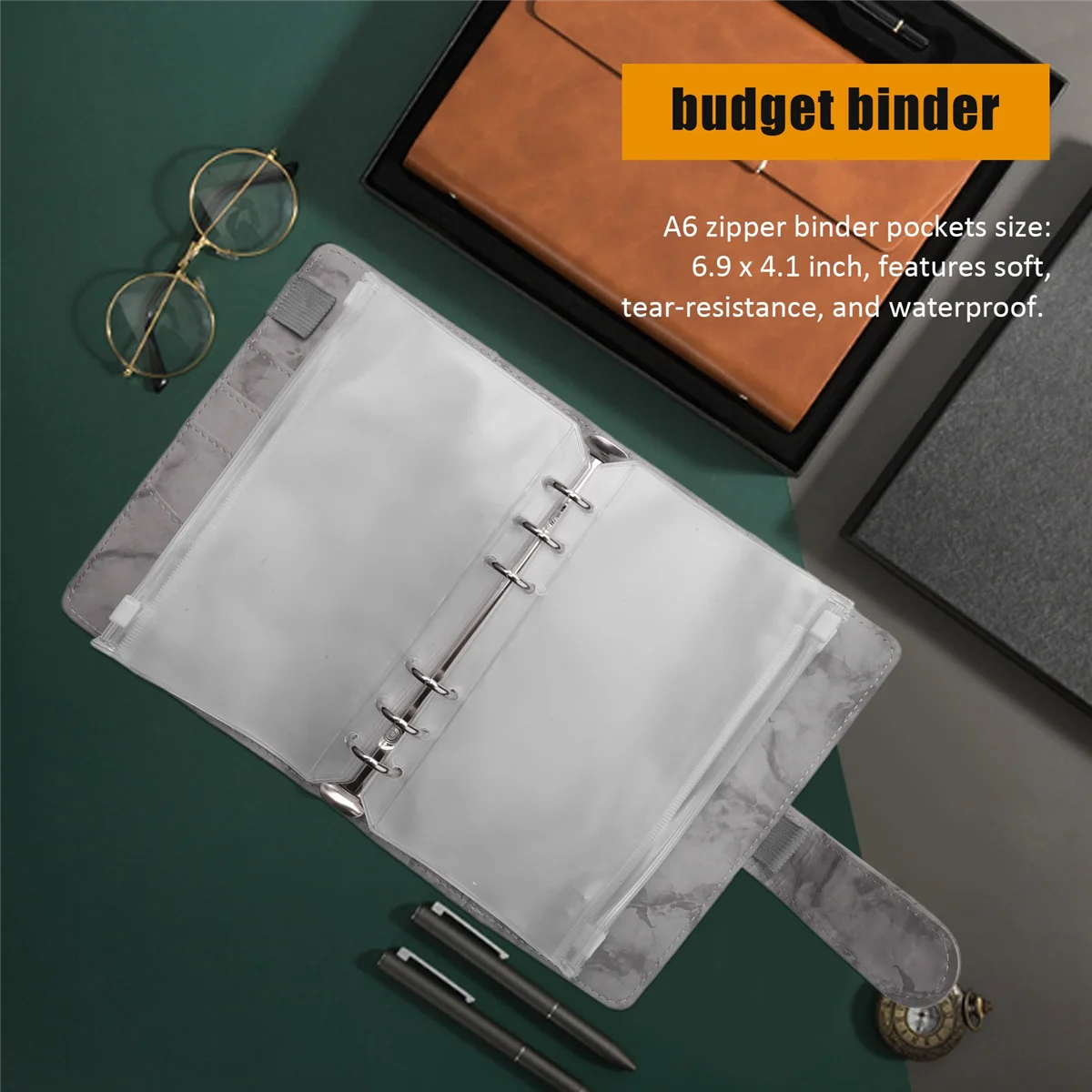 Couverture de classeur en PU avec poches, système d'économie d'argent, enveloppes de trésorerie, sacs en cuir chevelu adt, classeur projecteur à 6 anneaux, A