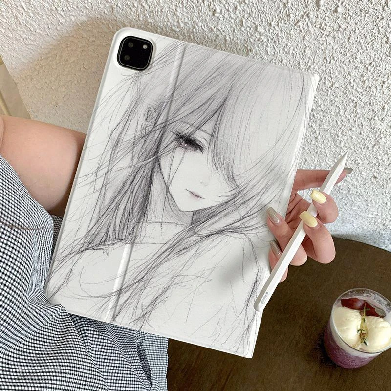 Sketch Comic Girl Y2K Tablet Case For iPad Pro 11 12.9 13 A16 M2 M4 M3 M5 Shell 10.2 5/6/7/8/9/10/11th Mini Air 3 4 5 6 7 Cover