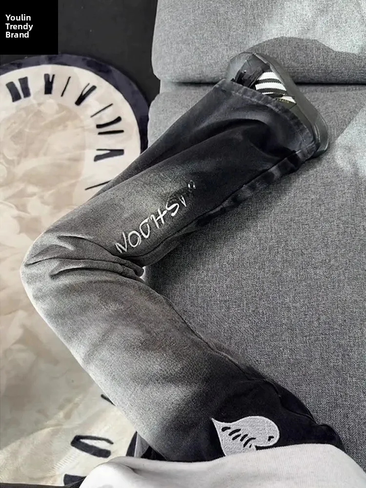 

American High Street Embroidered Thickened Fleece Men's Jeans Bell Bottoms Gradient Colors Trendy Brand Casual Straight Leg