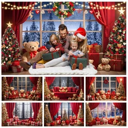 Christmas Photography Background Winter Window Xmas Tree Bear Gift Family Party Decoration Kids Portrait Backdrops Photo Props