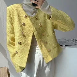 Autumn New Yellow Tweed Women's Coat Temperament Versatile Short Women Jacket Korean Fashion Elegant Winter Coats Woman 2024