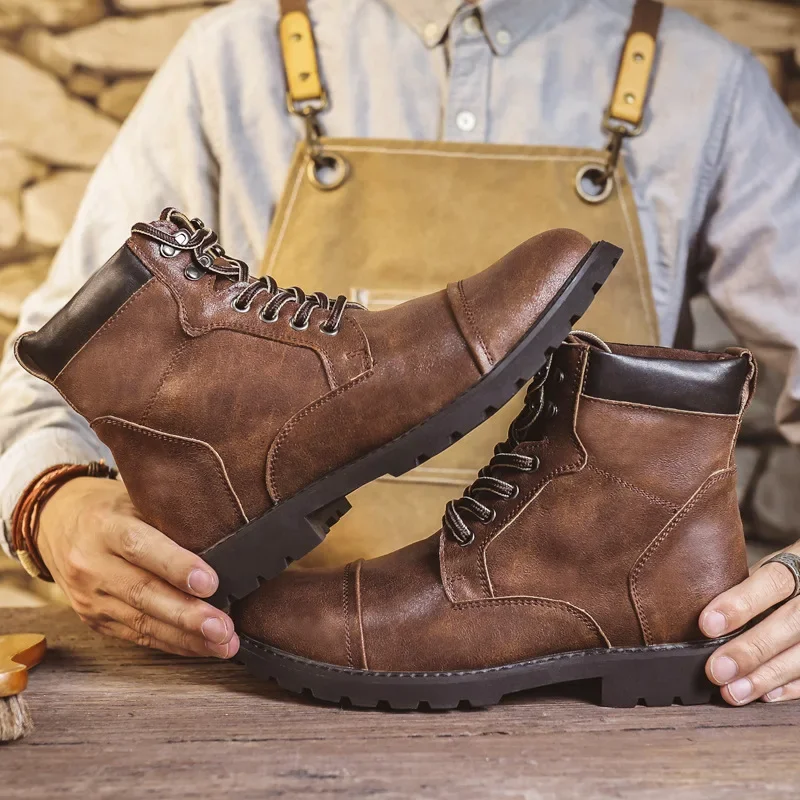 British Retro Men's High-Top Leather Cowboy Boots Lace-Up Comfortable Breathable Equestrian Casual Shoes Premium Quality Fashion