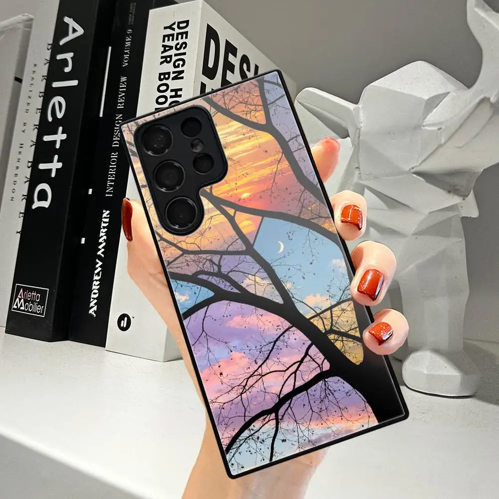 Stained Glass Sunset Tree Phone Case For Samsung Galaxy  A17 16 A15 A14 A13 A57 A37 A27 A26 A55 A35 A53 A24 A34 Tempered Glass C