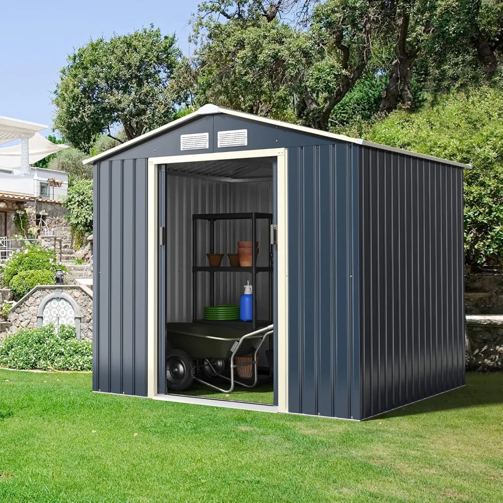 

Outdoor storage shed, metal garden shed with 4 ventilation openings and double sliding doors, utility shed storage room