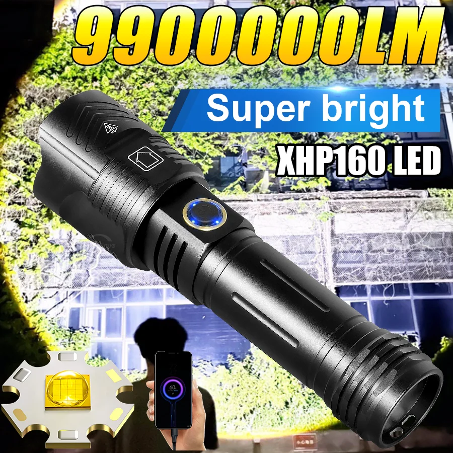 9900000LM Super Bright Flashlight USB Rechargeable Lamp XHP160 LED Long Range Torch Outdoor Waterproof Camping Fishing Lantern