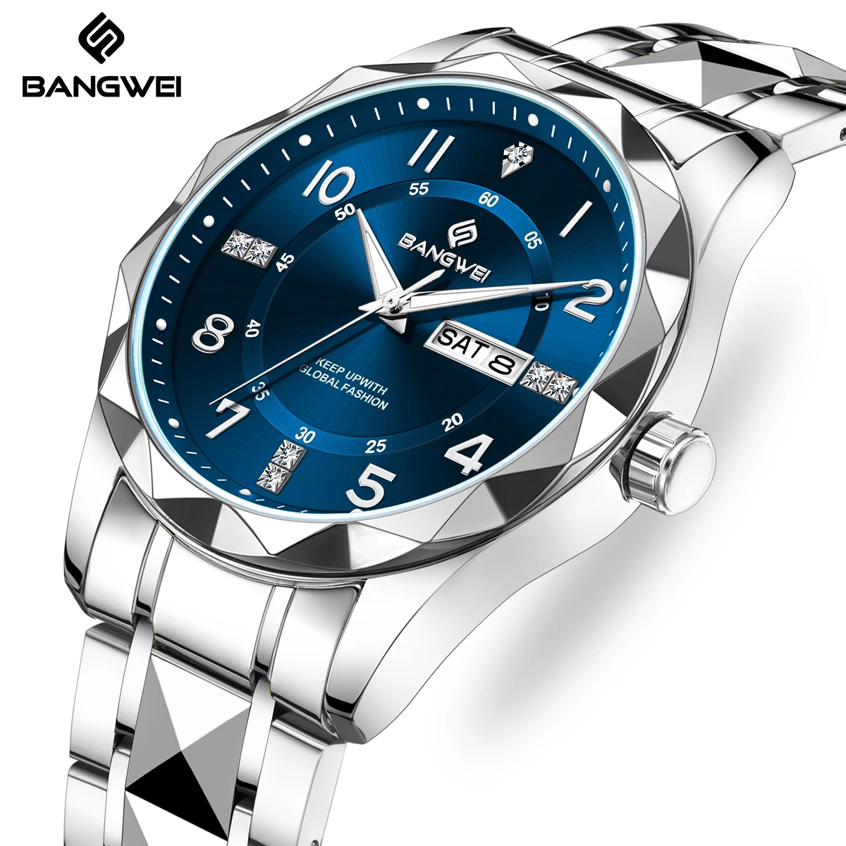 

BANGWEI простой модный циферблат мужские кварцевые часы водостойкий светящийся календарь дата неделя стальной ремешок деловые мужские часы Reloj + коробка