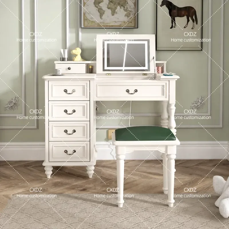 Modern White Solid Wood Dresser with Flip Top Makeup Desk Integrated Storage Cabinet for Bedroom Small Apartment Simple Style