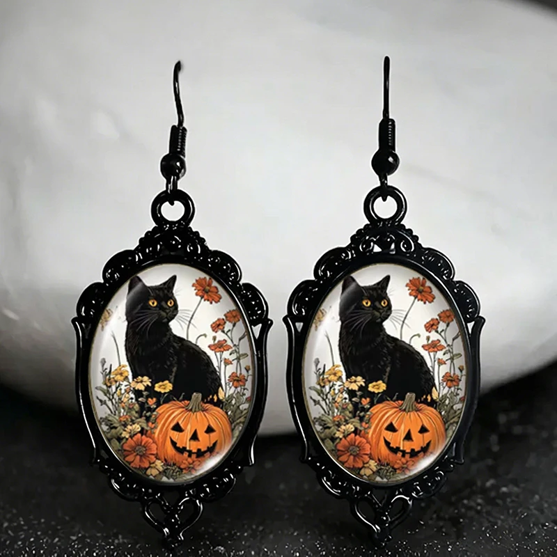 2026 New Halloween Pumpkin Black Cat Dangle Earring Black Lace Oval Earrings Handmade Glass Dome Jewelry Gifts