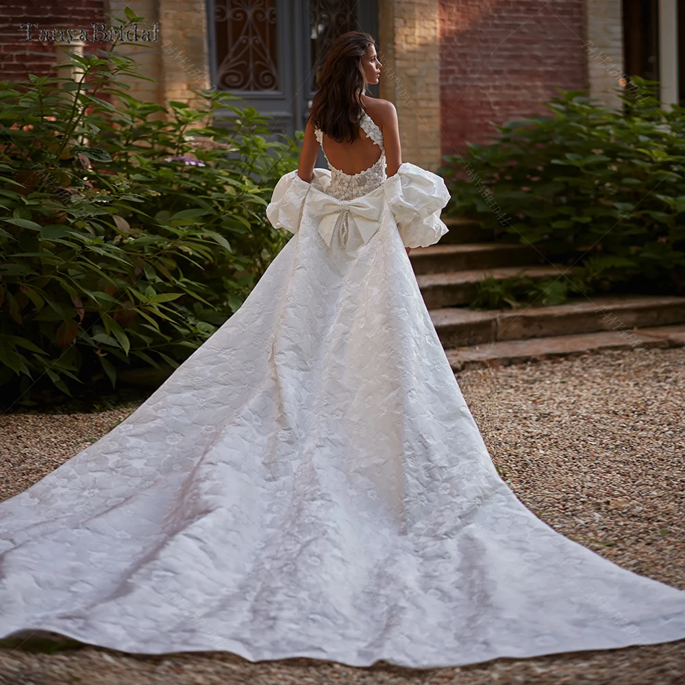 

Dreamlike Relief Big Flowers Wedding Cape With Short Puffy Sleeve ,Bridal Jacket ,Sewing Bow At Back DJ520