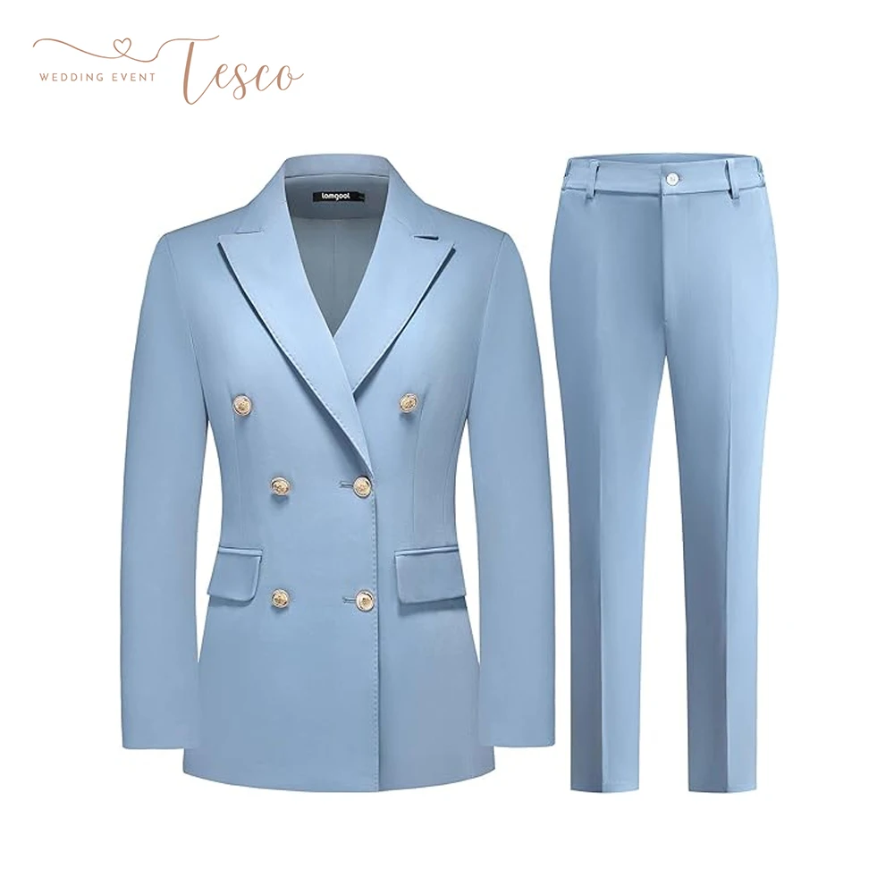 

Customized Women's Suit Jacket with Pants Sky Blue Double Breasted Blazer 2 Piece Pants Set