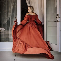 Comfortable Linen Cotton Two-Piece Set Long Sleeved Short Top With Lace Up Floor Mop Dress Bohemian Style Maternity Photo Dress