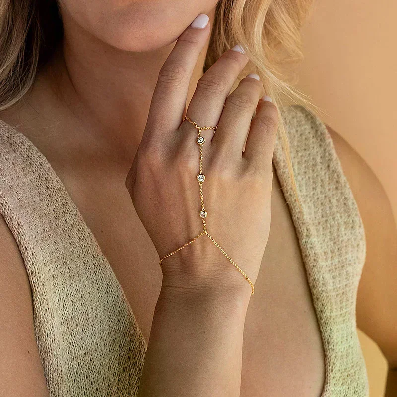 Minimalist Tiny Chain Crystal Bracelet Finger Rings For Women Link Chains Connecting Hand Harness Bracelets Jewelry Gift