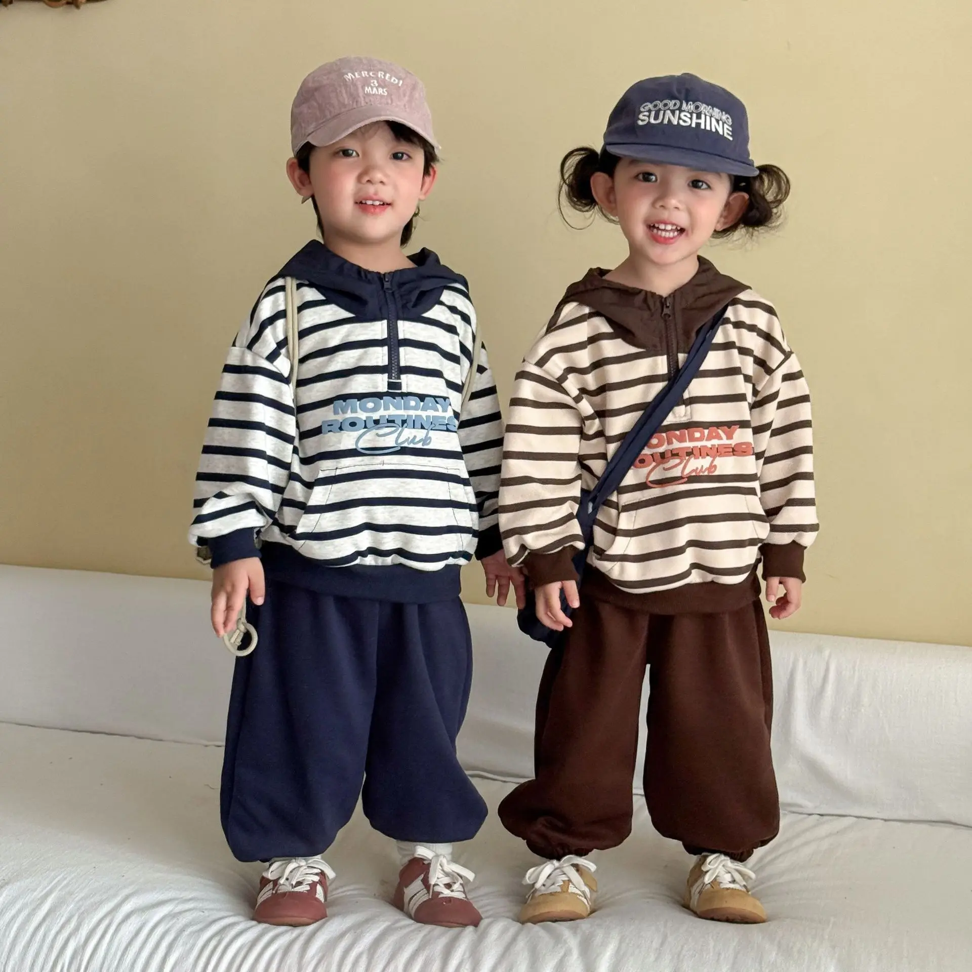 2026 Autumn New Children Long Sleeve Sports Set Boys Girls Casual Striped Hooded Sweatshirt + Pants 2pcs Suit Kids Outfits