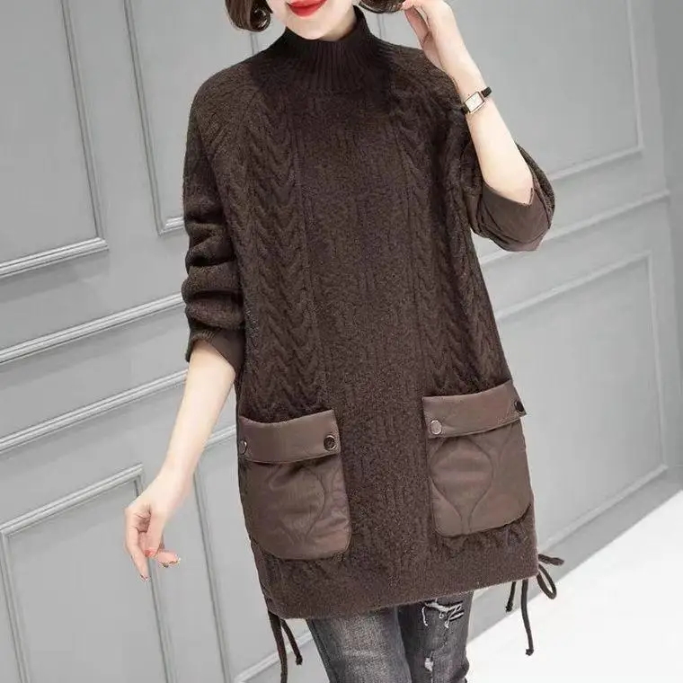 

Dimanaf 2024 Sweaters Oversize Women Patchwork Wadded Coat Pullover Knitting Plaid Turtleneck Fake Two-Piece Loose Sweater