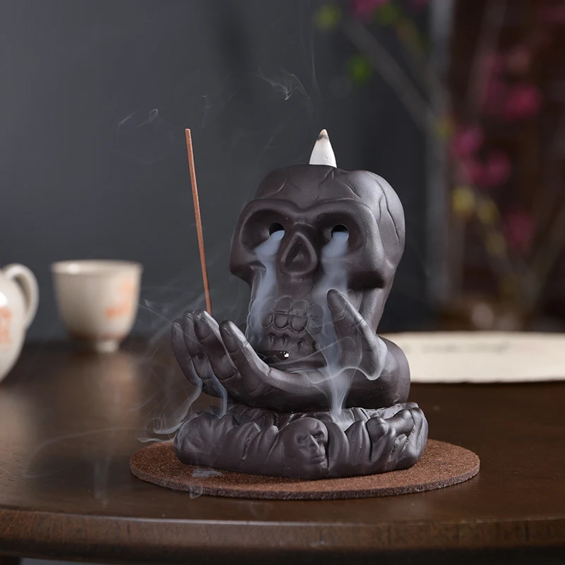 Ceramic Handicraft Windproof Waterfall Backflow Skull Incense Burner Home office Tea House Decorate Ceramic Incense Fountain