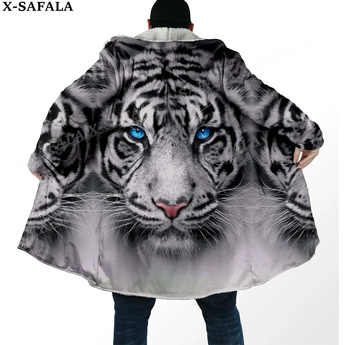 

The King White Tiger Skin Myth 3D Print Thick Warm Hooded Cloak Men Overcoat Coat Windproof Fleece Cape Robe Hooded Blanket-6