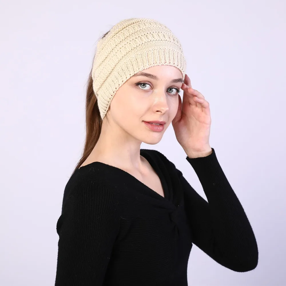 Women Hats Autumn Winter Ponytail Beanie Hat Warmer Solid Color Lady Stretch Knitted Crochet Beanies Hats Cap for Women Skullies