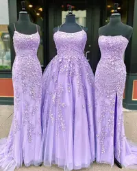 Lilac Prom Dresses Lace Crystal Mermaid Long Evening Gown Spaghetti Strap Backless Women Formal Party Graduation Gowns