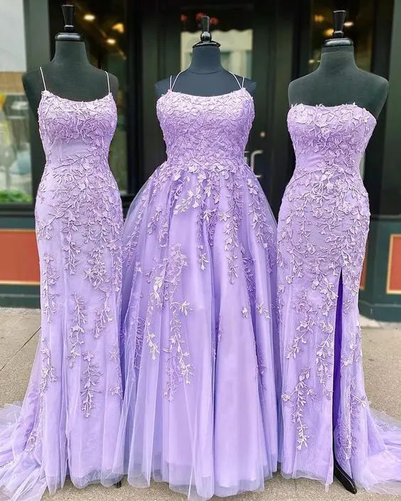 Lilac Prom Dresses Lace Crystal Mermaid Long Evening Gown Spaghetti Strap Backless Women Formal Party Graduation Gowns