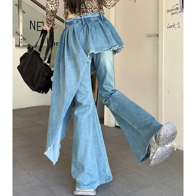 S-3XL Patchwork Color Retro Style Chic Low Waist Flared Fringed Jeans Ribbon For Women's Clothing 2024 New Slim Pants 90%cotton