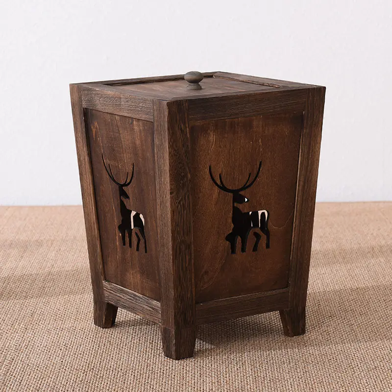 ‌Wooden Waste Bin Vintage Style - Solid Rattan Look Trash Can for Kitchen Living Room, Multi-Room Odor Control Basket with Lid