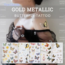 VeeCharm - Premium Butterfly Temporary Tattoo Stickers, Glitter Gold Metallic Sparkling Designs for Kids & Women, 1/12 Sheet