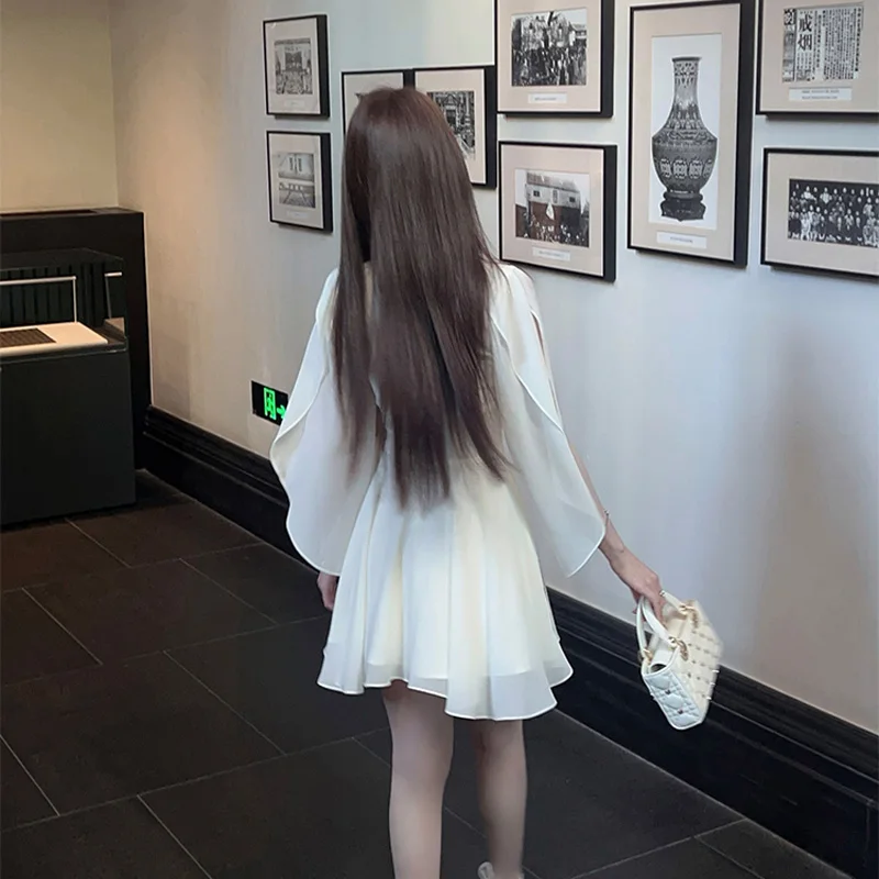 Elegant Luxury Dresses for Women Fairycore Irregular Long Sleeve Chiffon Dress Sweet Ruffles Fashion Summer White Mini Dress Y2K