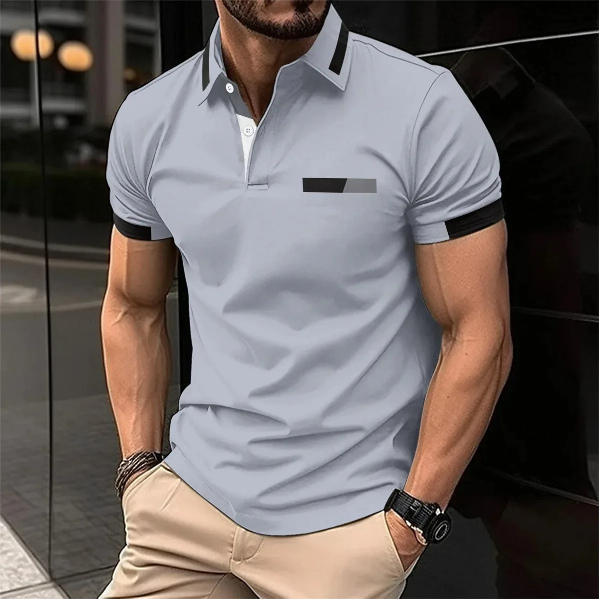 Summer Men\'s Casual Short Sleeved Polo Shirt Solid Color Lapel Tops Fashion Casual Business Pink Polo Shirt Breathable T-shirt