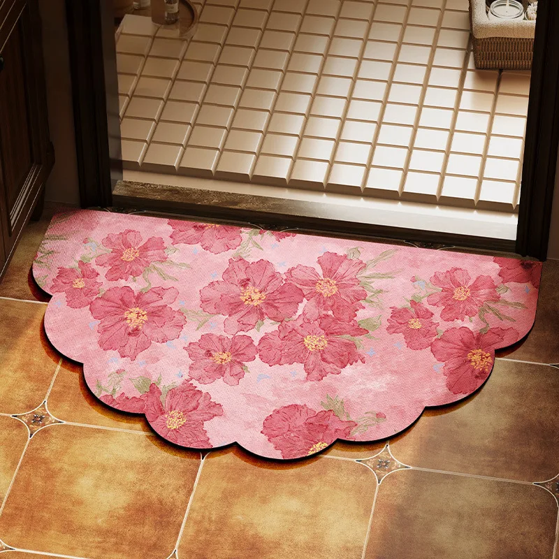 VIKAMA Pink Peony Floral Wavy Edge Doormat Non Slip Washable Floor Rug Soft Flower Pattern Entryway Home Decor Carpet