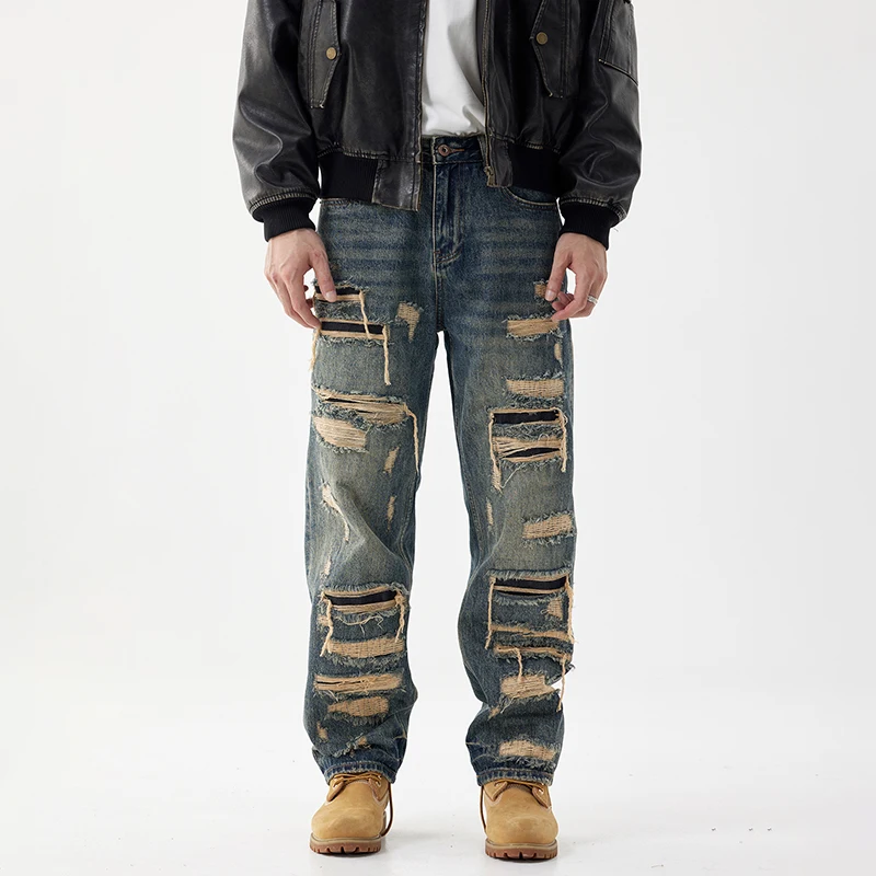 American heavy craft hole jeans men influx of loose straight pants street gangster handsome retro patches washed pants