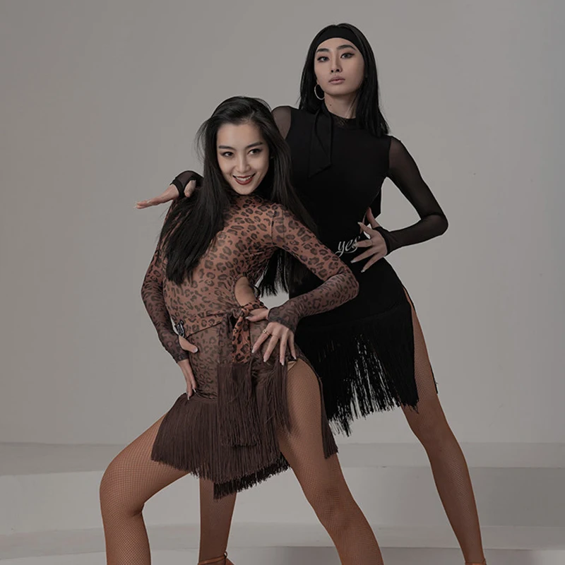 

Latin Dance Clothes For Women Adult Sexy Leopard/Black Fringe Dress Professional Latin Competition Costume Samba Outfits DWY7069