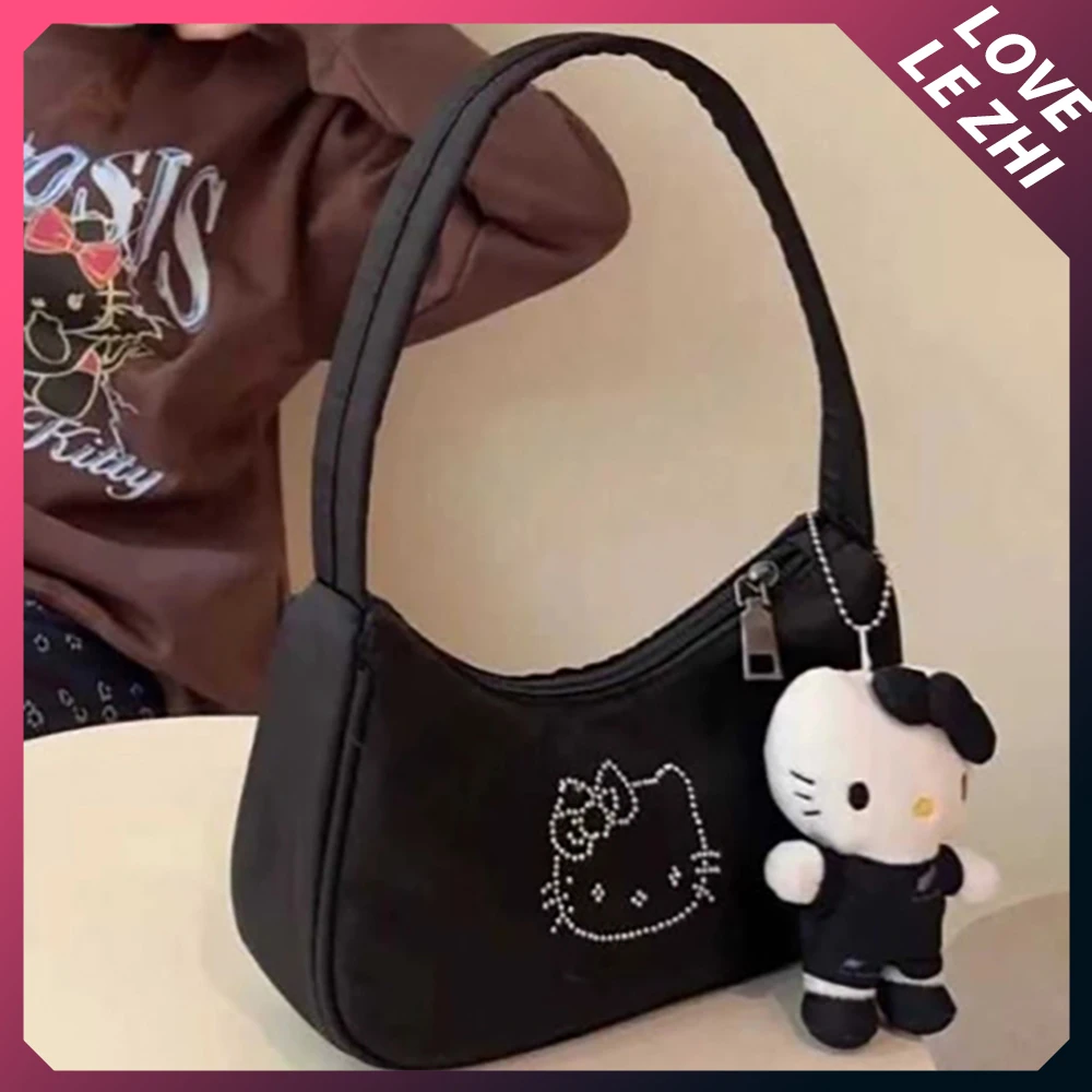 

Sanrio Rhinestone Hello Kitty Canvas Underarm Bag Fashion Kitty Drill Black Hand Held Bag Zipper Cute Handbags for Girl Gift