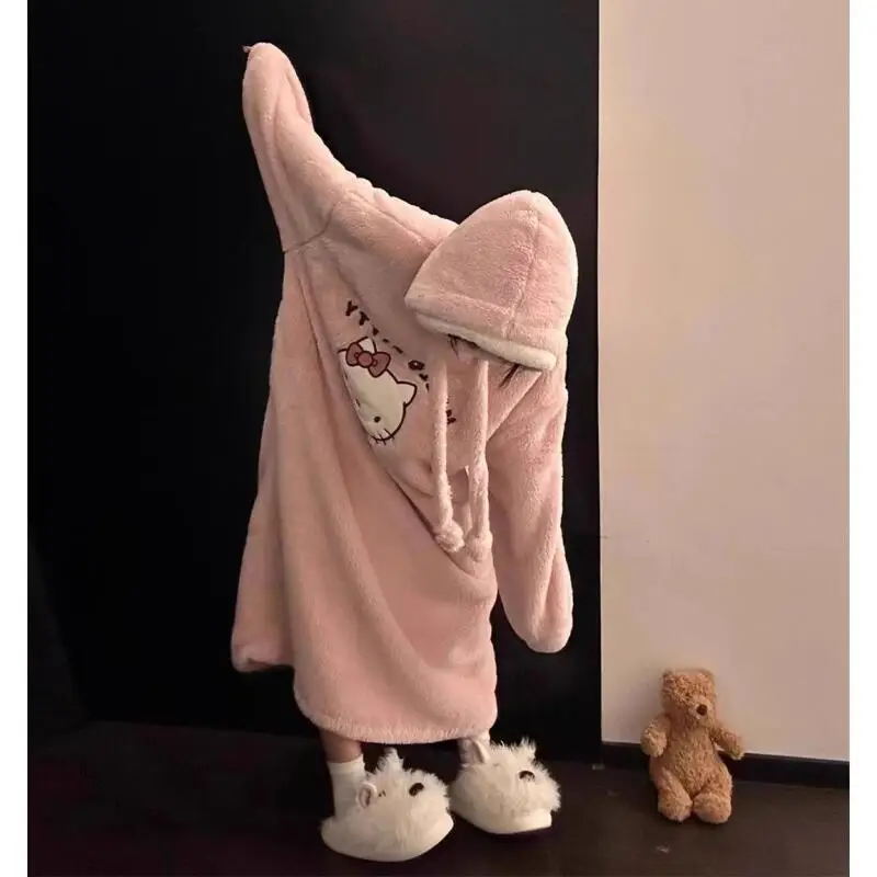 Hello Kitty Nightgown for Women Winter Warm Coral Velvet Plus Velvet Thickening Can Be Worn Outside Home Clothes Pajamas Cartoon