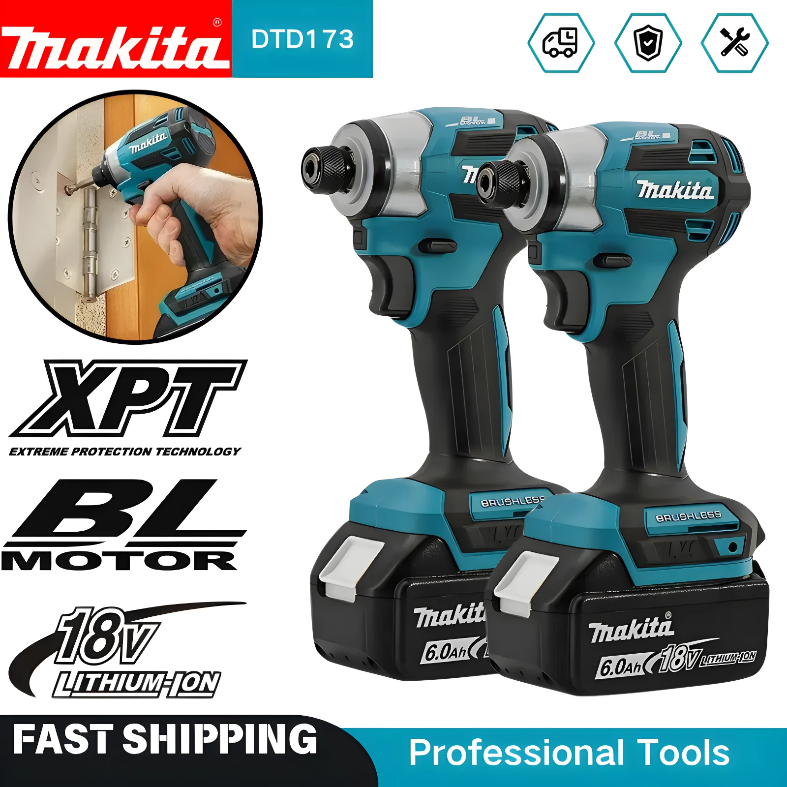 Makita DTD173 Tournevis à percussion sans fil 18 V - Tournevis à percussion authentique sans balais pour usage professionnel, perceuse pour béton