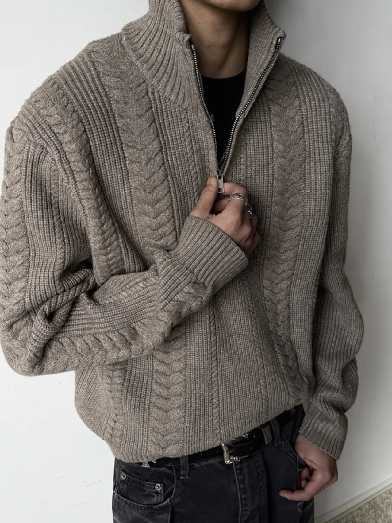 

Тяжелый вязаный свитер в стиле ретро с пшеничными ушками, мужской зимний повседневный свободный универсальный трикотаж с воротником-стойкой на молнии, полиэфирное волокно