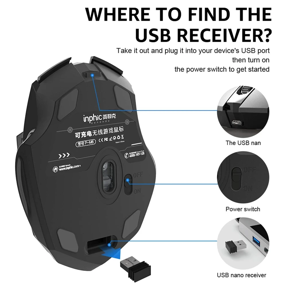 INPHIC PM6 충전식 블루투스 호환 무선 마우스, 사무실 음소거 지지대, PC 노트북 태블릿 스마트폰 범용, 2.4G