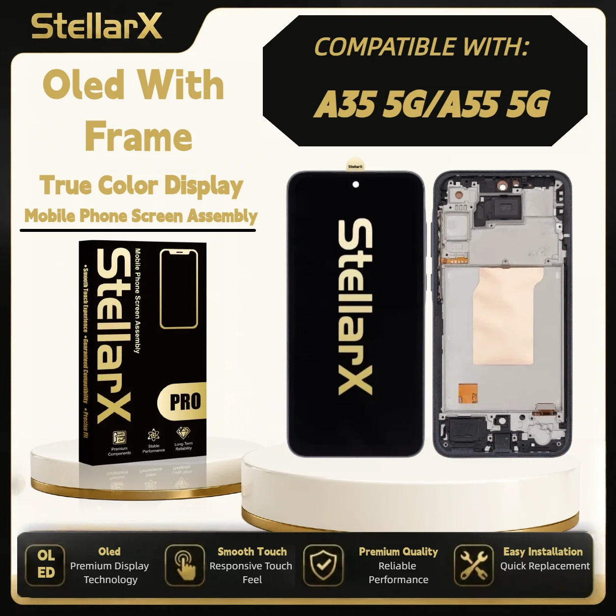 StellarX Display for Samsung A35 5G A55 5G OLED with Frame Screen Replacement with Free Tools OLED Display Assembly Repair Part