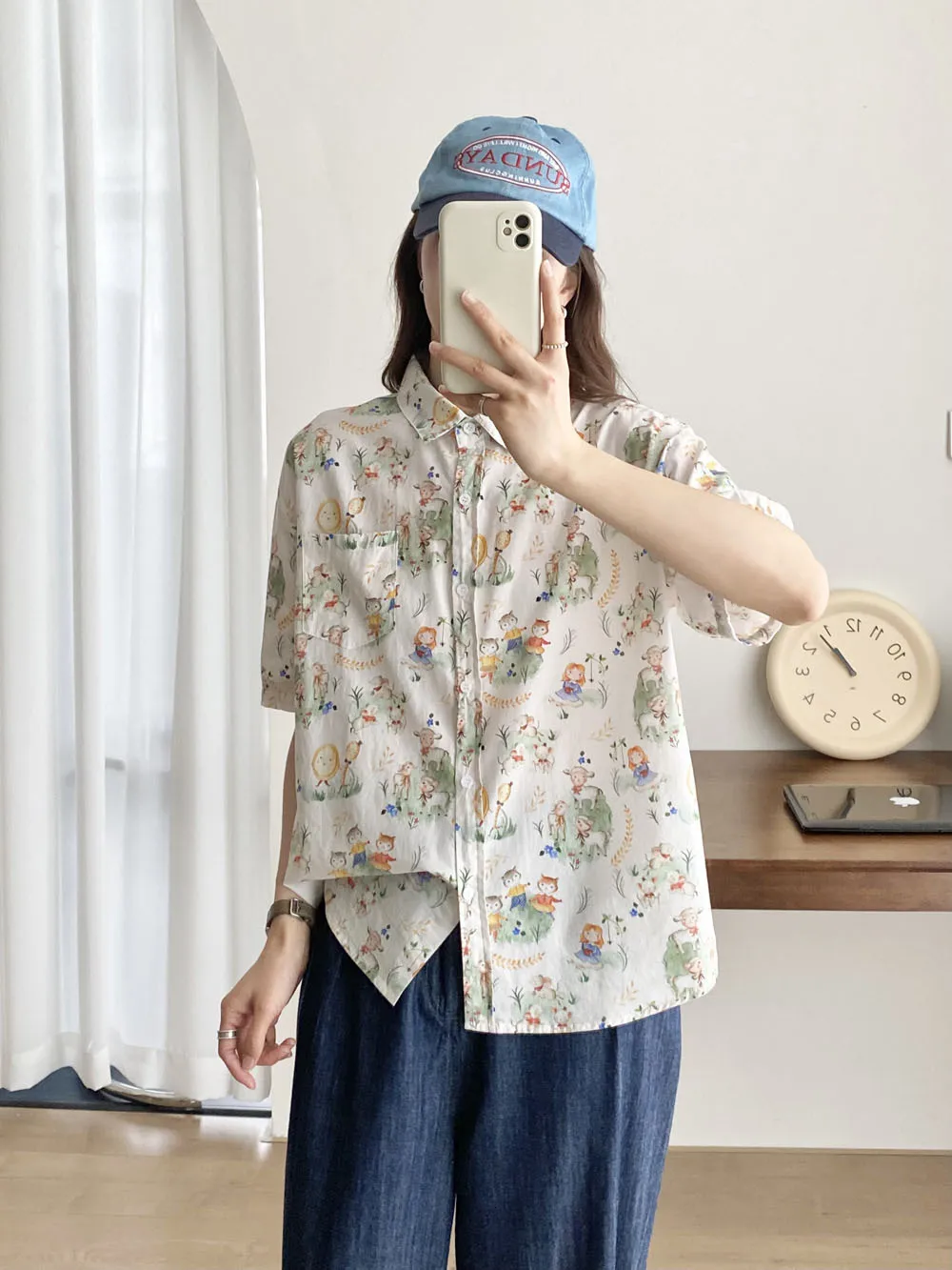 New Spring Cotton Sweet Shirt Women Short Sleeve Cartoon Printed Top Girl Loose Literature OL Blouses 2024 Summer T45817QM