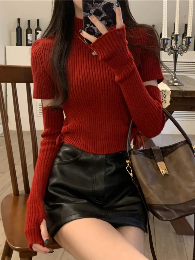 Korean Fashion Women Sweater with Removable Sleeves Autumn Winter Y2k Streetwear Knitted Pullover Female Jumper Clothes