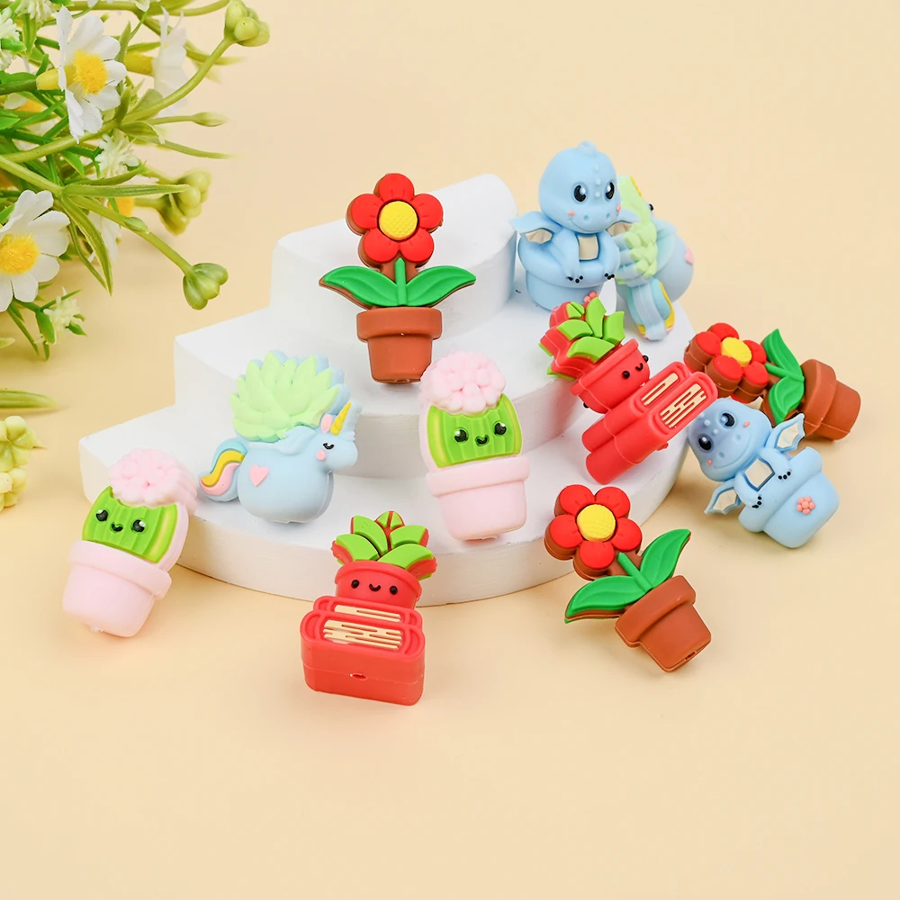 

5Pcs Pacifier Chain Silicone Beads Potted Plant & Animal Shaped Beads, Food-Grade Baby Chain Accessories For DIY Pacifier Toys