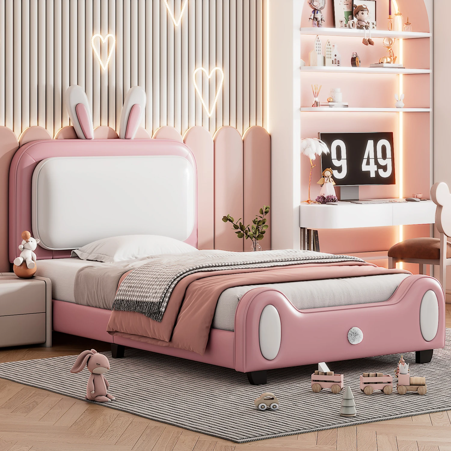 Twin Size Upholstered Princess Bed White Pink Rabbit Shape