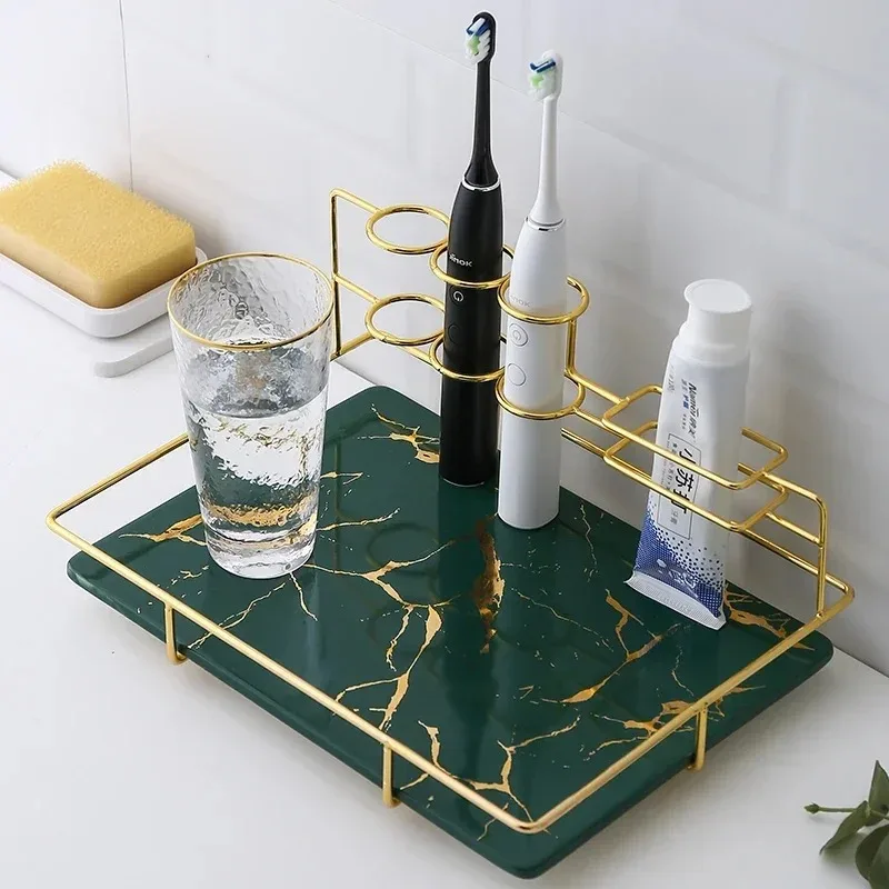 Marbling Rectangular Metal Rack Bathroom Electric Toothbrush Holder Bathroom Shelf Desktop Cosmetic Storage Organizer Home Tray
