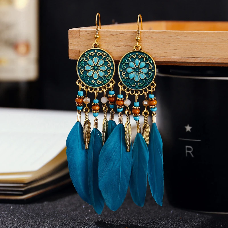 Boho Long Feather Dangle Women's Earrings Beach Long Tassel Beads Handmade Flower Enamel Earrings Bride Wedding Pendientes Mujer