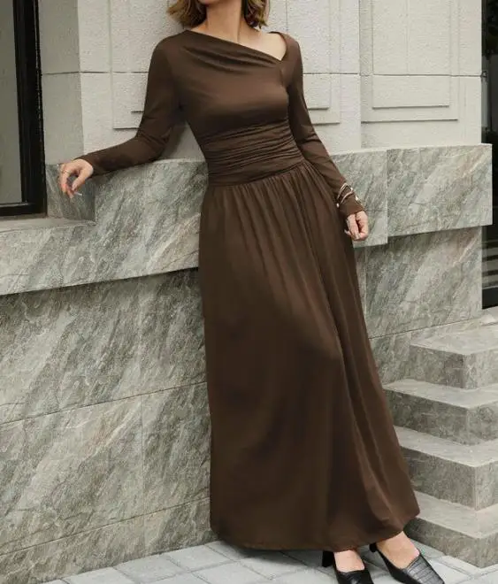 

Women Dresses 2026 Spring Autumn New Sloping Shoulder Collar Cinched Waist Long Sleeve Casual Solid Color Daily Long Dress