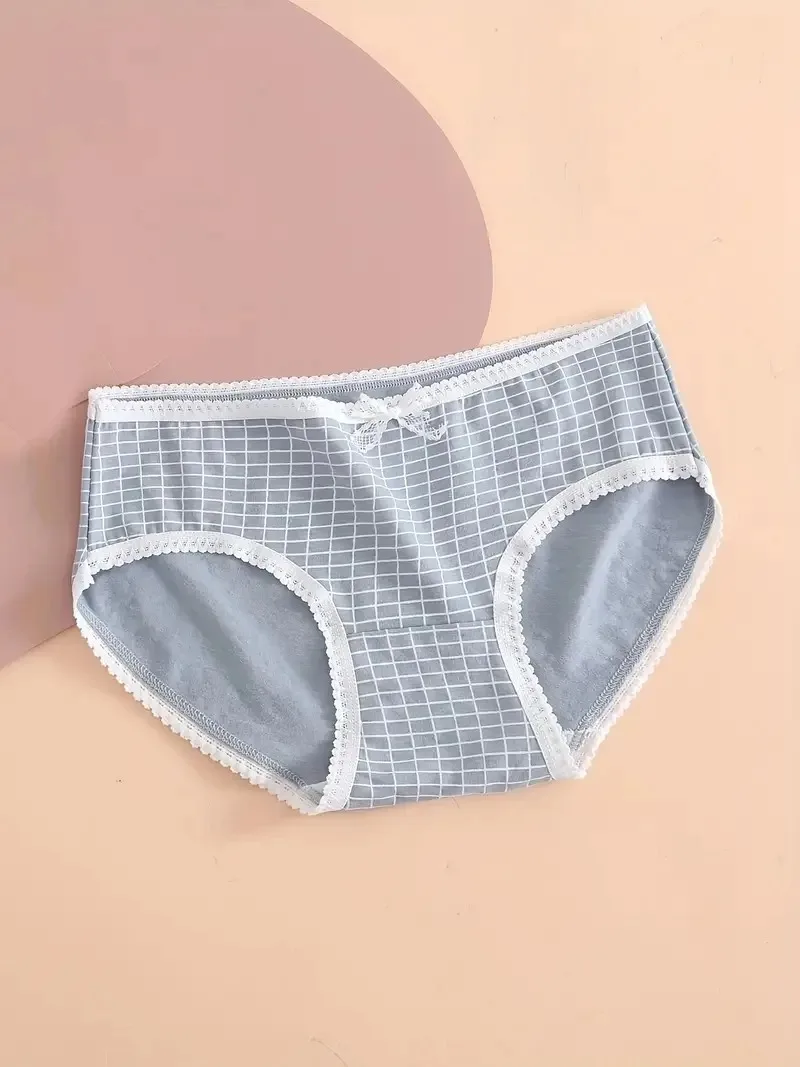 5pcs Heart Plaid Print Briefs Comfy Cute Bow Intimates Panties Women\'s Lingerie Underwear